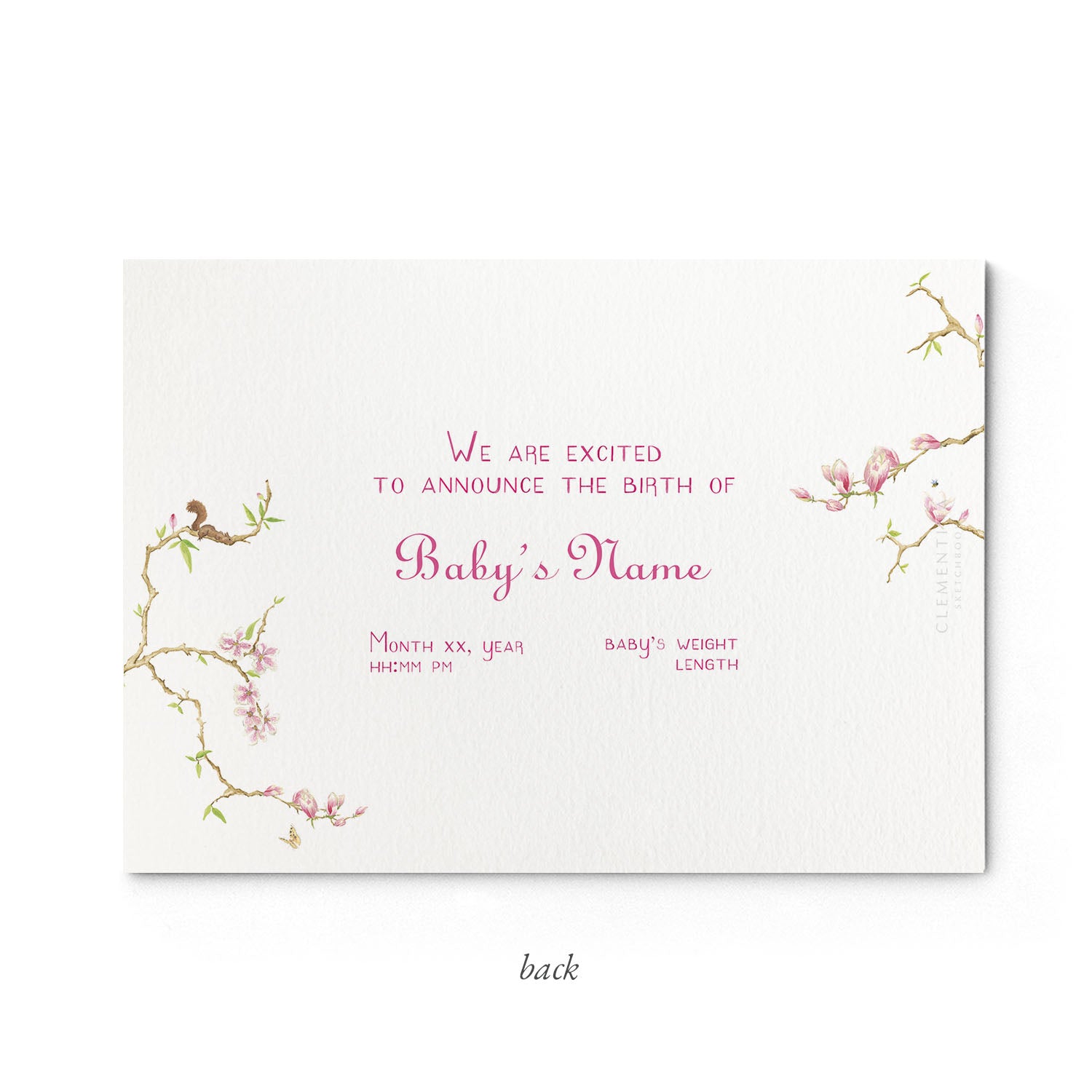 Image of the back of Clementina Sketchbook's magnolia printed birth announcement with a floral border and space for personalised text.