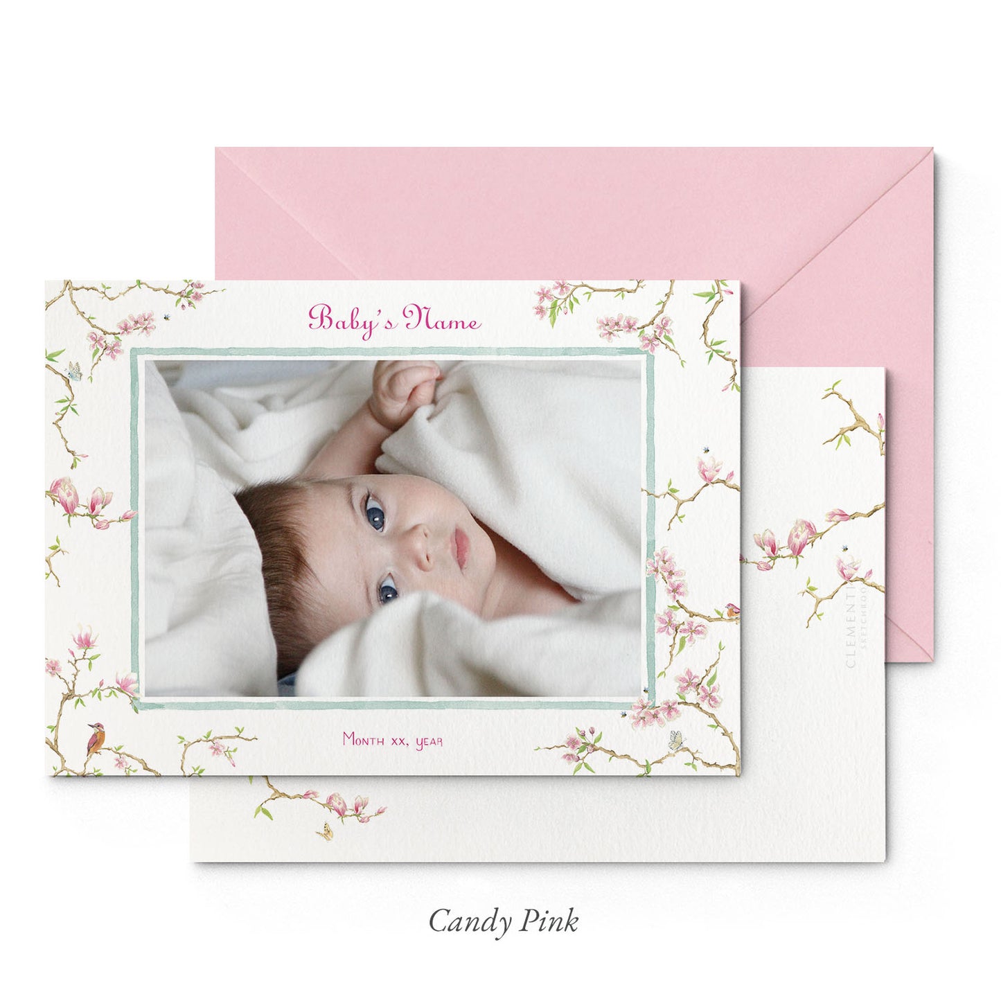 Image of both sides of Clementina Sketchbook's magnolia printed birth announcement with a floral border, personalised text, space for a baby photo to be stuck and a pink envelope.