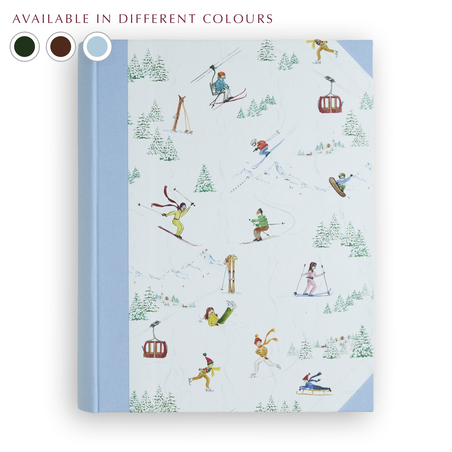 Light blue Mountain Activities Photo Album cover with hand-painted alpine scenes, personalised family photo album handmade in Italy.