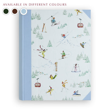 Light blue Mountain Activities Photo Album cover with hand-painted alpine scenes, personalised family photo album handmade in Italy.