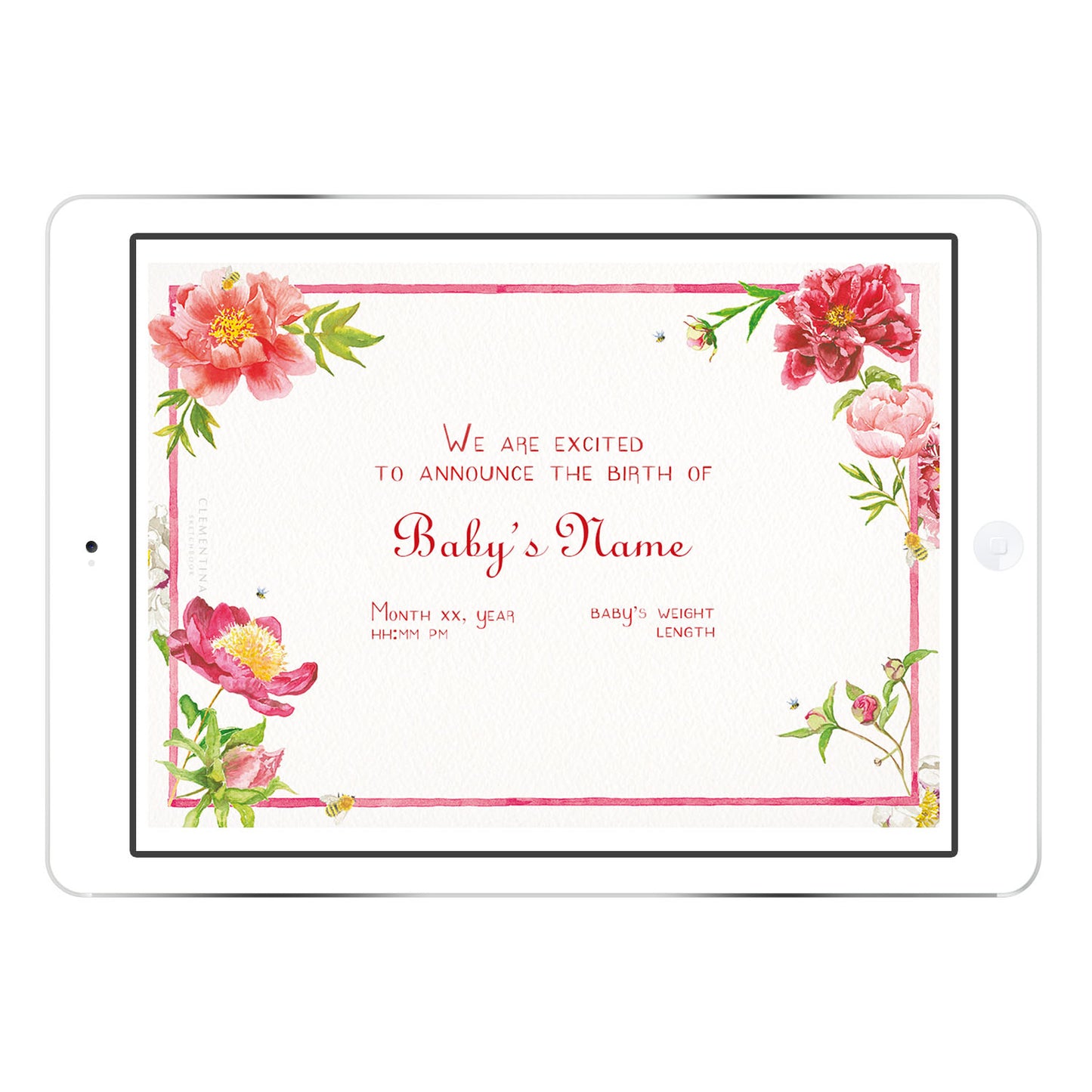 Blank Peonies digital birth announcement template from Clementina Sketchbook with hand-painted pink peonies and floral frame, ready for personalised baby name and birth details.