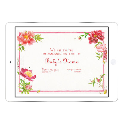 Blank Peonies digital birth announcement template from Clementina Sketchbook with hand-painted pink peonies and floral frame, ready for personalised baby name and birth details.