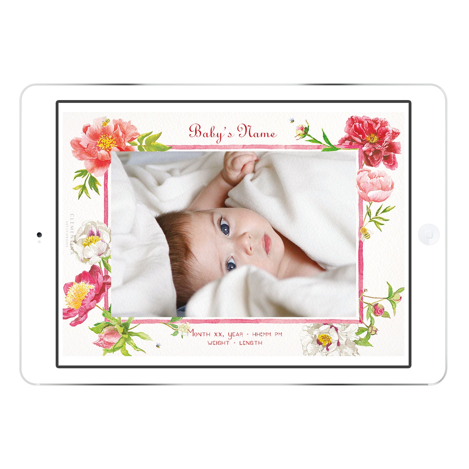 Peonies digital birth announcement from Clementina Sketchbook displayed on tablet with baby photo, featuring hand-painted pink peonies and floral border, personalised newborn details.