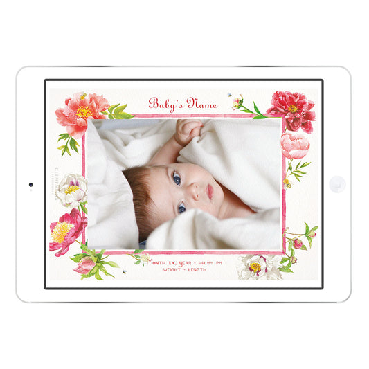 Peonies digital birth announcement from Clementina Sketchbook displayed on tablet with baby photo, featuring hand-painted pink peonies and floral border, personalised newborn details.