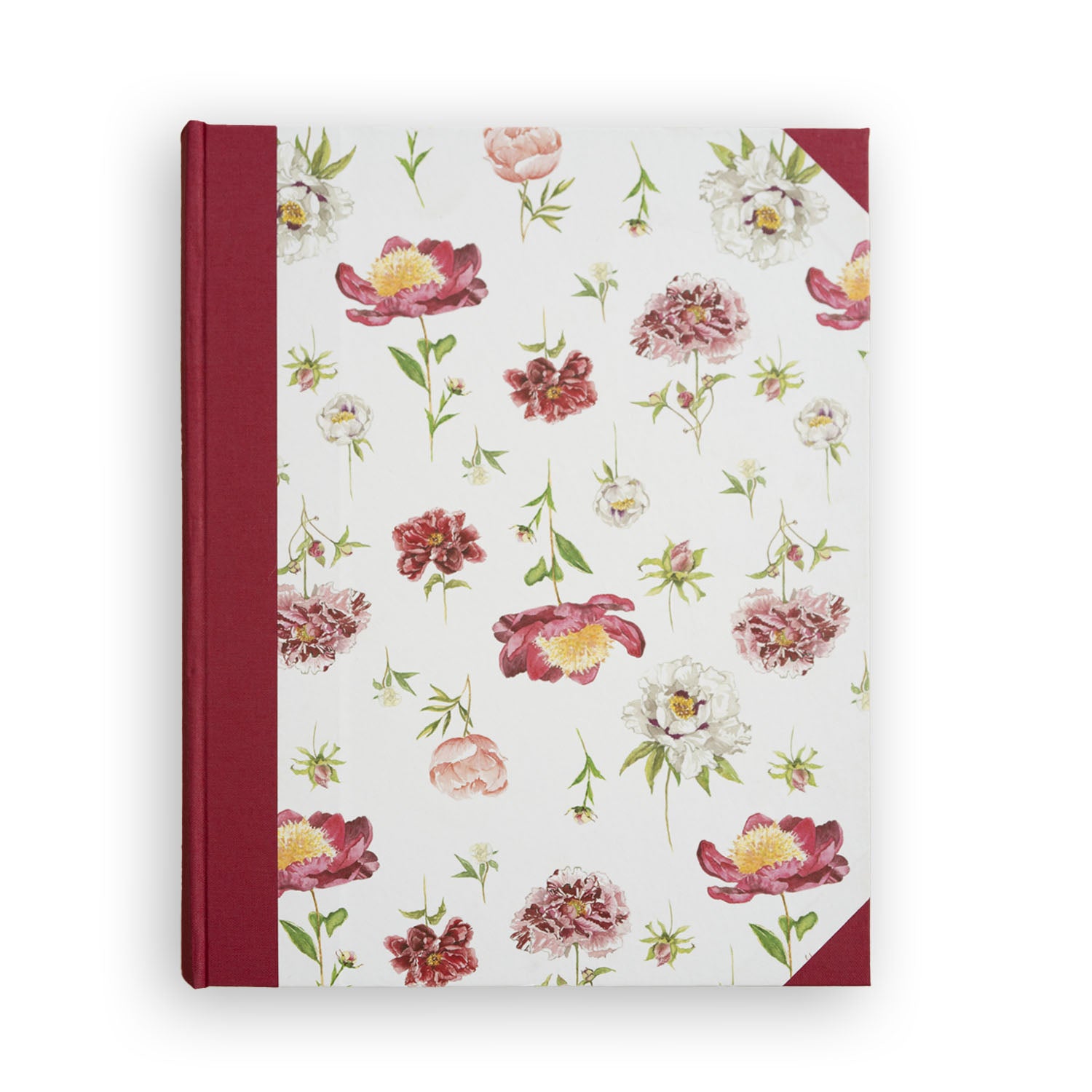 Peonies Photo Album cover with Cherry Red binding and hand-painted floral design, photo albums personalised and handmade in Italy.