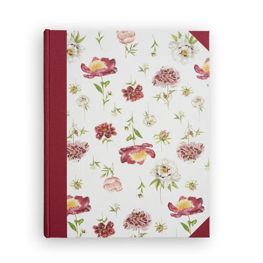 Peonies Photo Album cover with Cherry Red binding and hand-painted floral design, photo albums personalised and handmade in Italy.