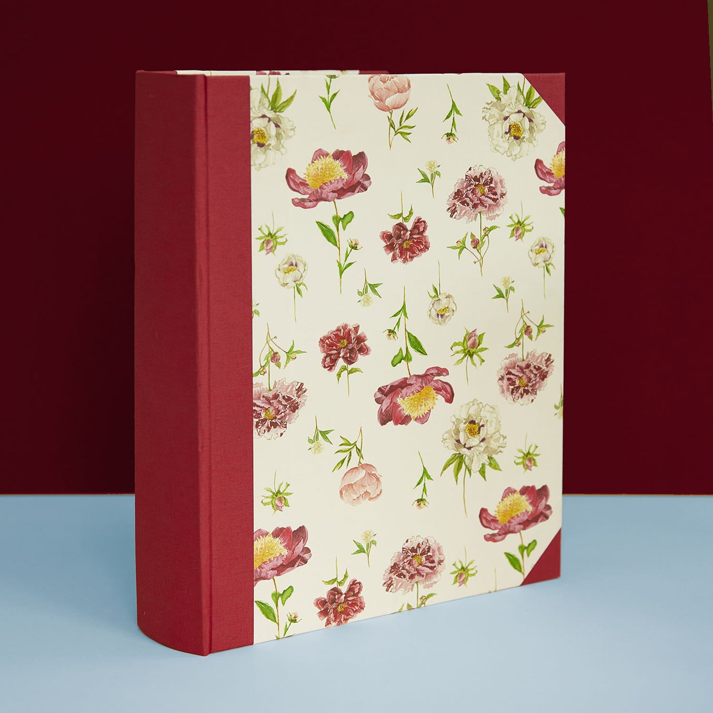 Standing Peonies memory book with red spine, elegant personalised photo album design for weddings and more.