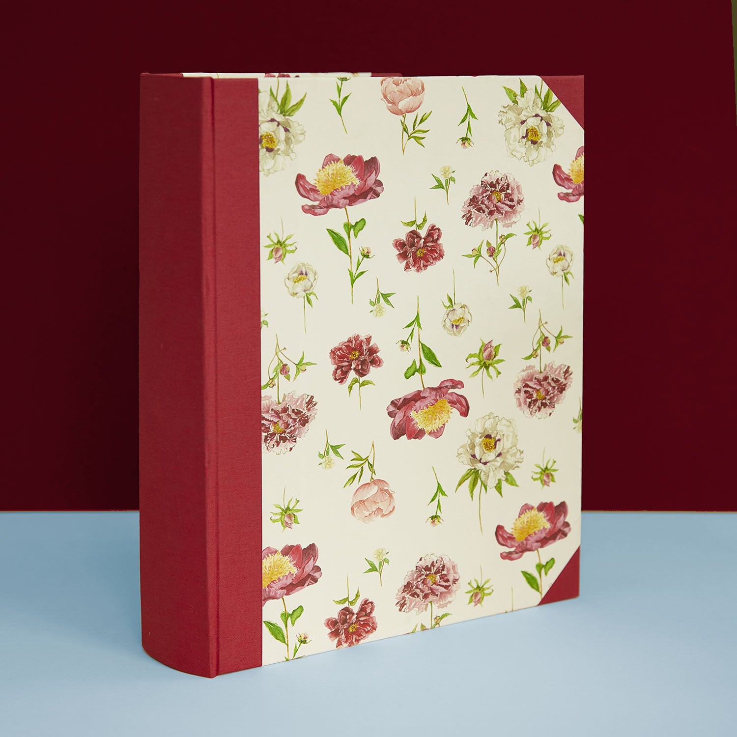 Standing Peonies memory book with red spine, elegant personalised photo album design for weddings and more.