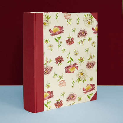 Standing Peonies memory book with red spine, elegant personalised photo album design for weddings and more.