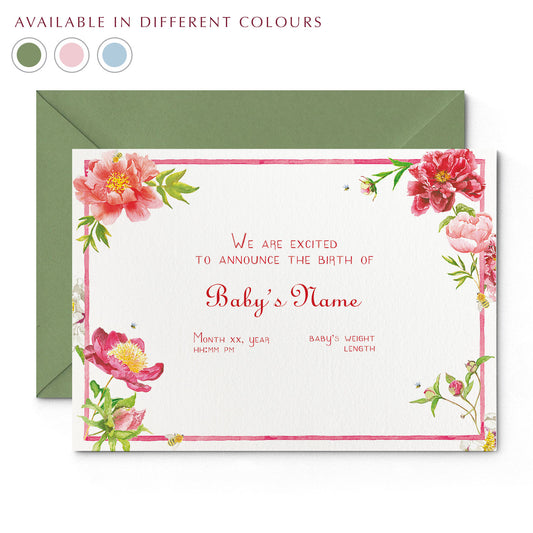 Image of Clementina Sketchbook's peonies printed birth announcement with a pink border, floral details and a green envelope. In the corner of the image is a colour wheel showing the different colours the personalised birth announcement is available in: green, pink and blue.
