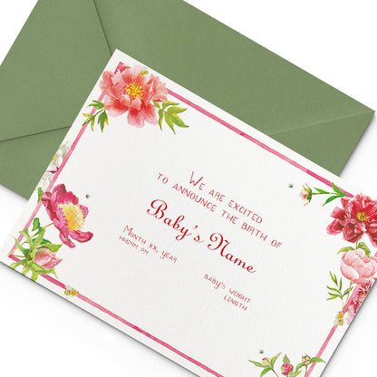 Peonies Printed Birth Announcements
