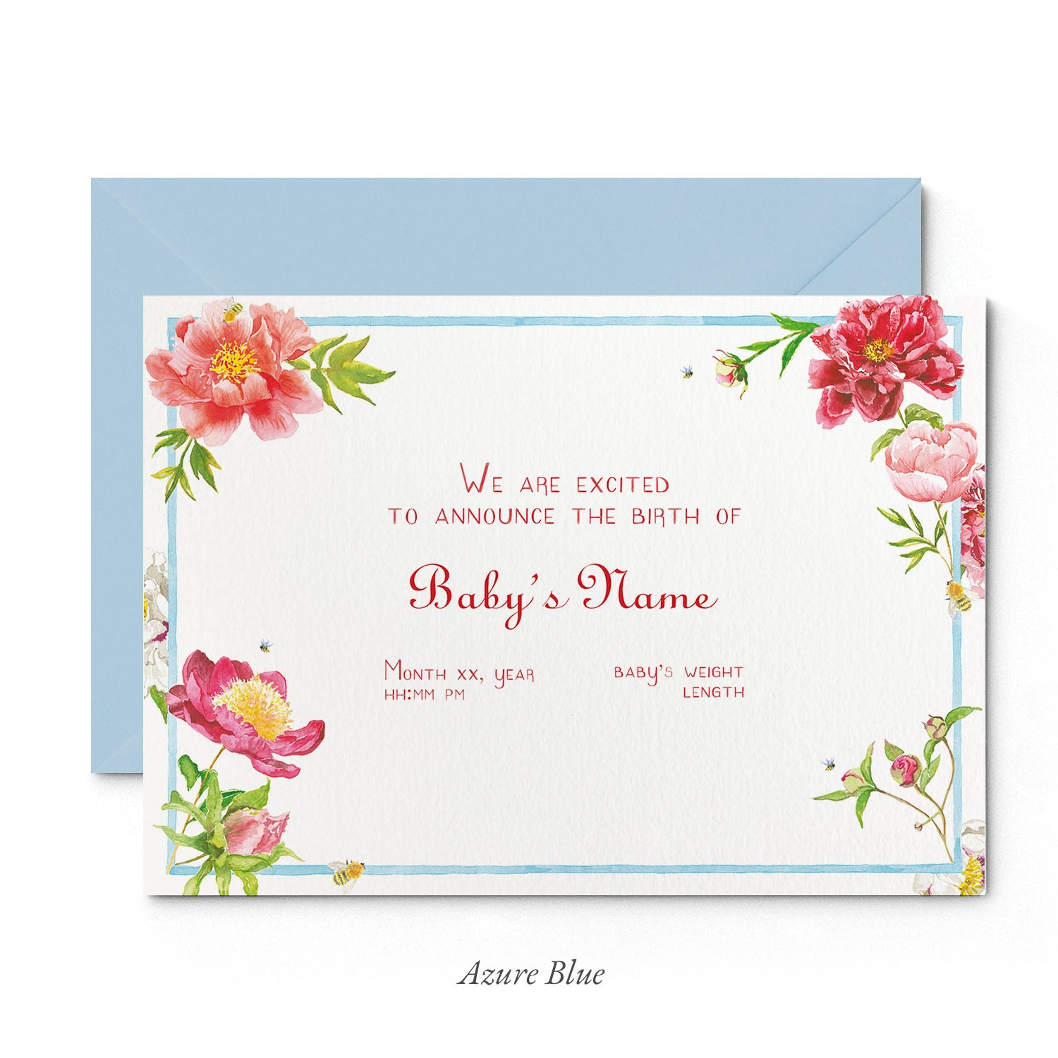 Image of Clementina Sketchbook's peonies printed birth announcement with a green border, floral details and a blue envelope.