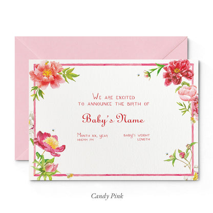 Image of Clementina Sketchbook's peonies printed birth announcement with a pink border, floral details and a pink envelope. 