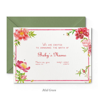 Image of Clementina Sketchbook's peonies printed birth announcement with a pink border, floral details and a green envelope.