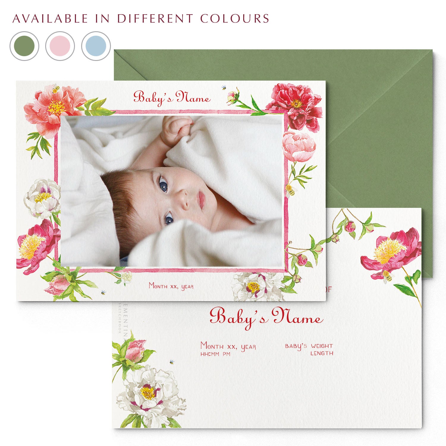 Image of both sides of Clementina Sketchbook's peonies printed birth announcement with a floral border, personalised text, space for a baby photo to be stuck and a green envelope. In the corner of the image is a colour wheel showing the different colours the personalised birth announcement is available in: green, pink and blue.