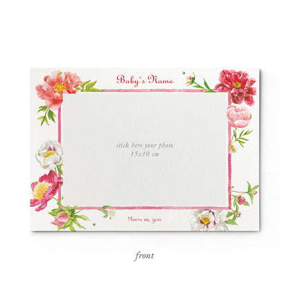 Image of the front of Clementina Sketchbook's peonies printed birth announcement with a floral border and space for a baby photo to be stuck.