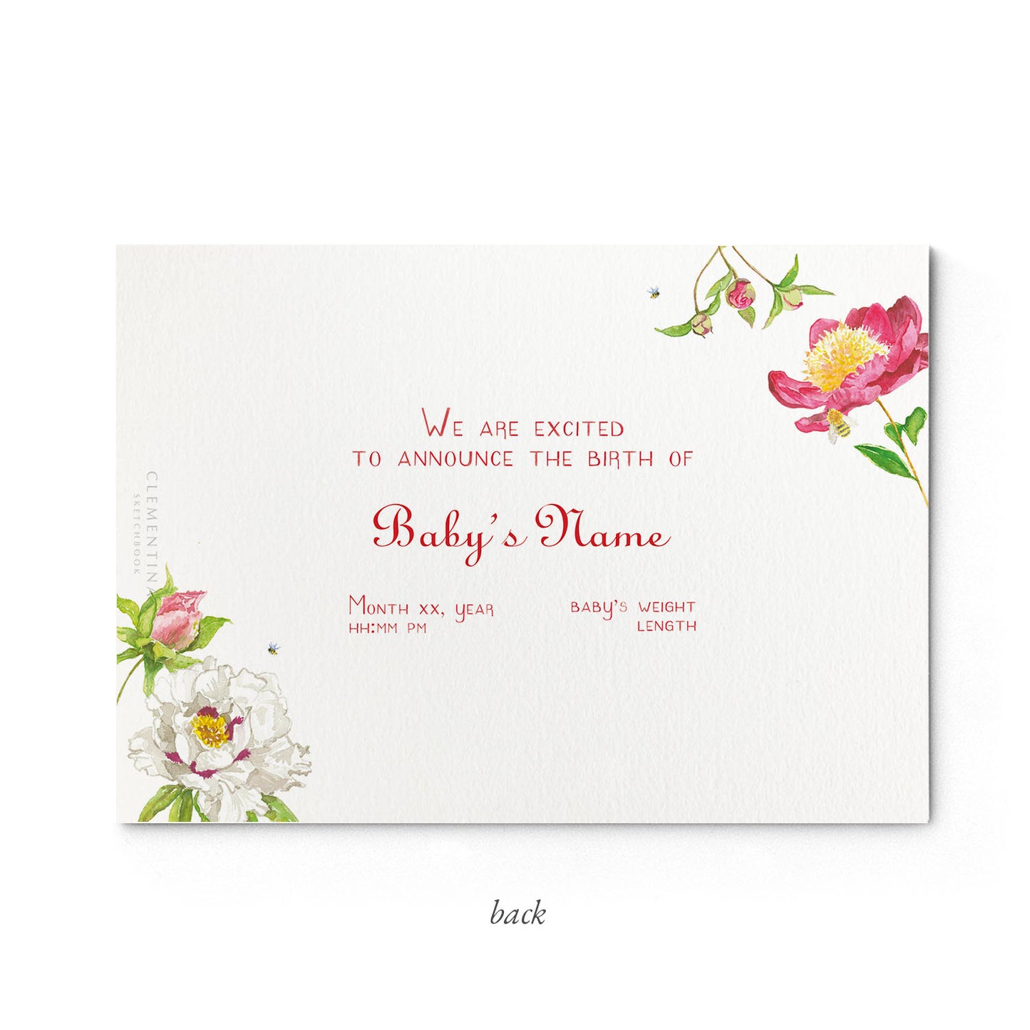 Image of the back of Clementina Sketchbook's peonies printed birth announcement with a floral border and space for personalised text.