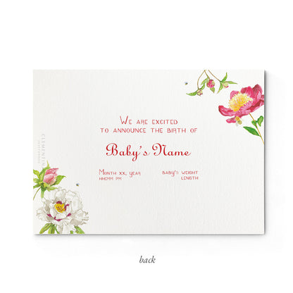 Image of the back of Clementina Sketchbook's peonies printed birth announcement with a floral border and space for personalised text.
