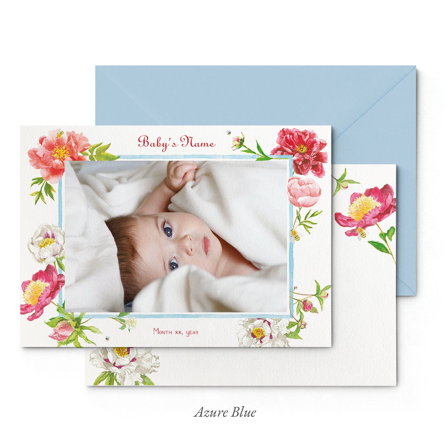 Image of both sides of Clementina Sketchbook's peonies printed birth announcement with a floral border, personalised text, space for a baby photo to be stuck and a blue envelope.