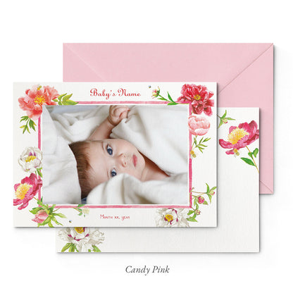 Image of both sides of Clementina Sketchbook's peonies printed birth announcement with a floral border, personalised text, space for a baby photo to be stuck and a pink envelope.
