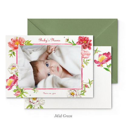 Image of both sides of Clementina Sketchbook's peonies printed birth announcement with a floral border, personalised text, space for a baby photo to be stuck and a green envelope.