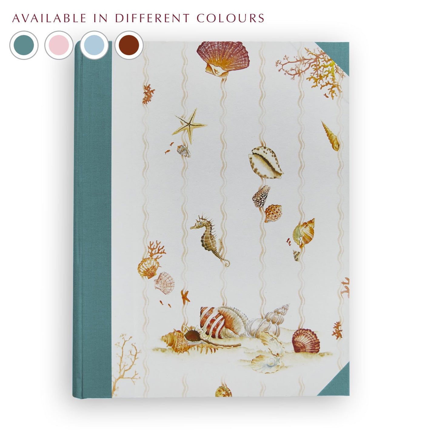 Shells on Shells Photo Album cover with turquoise binding, hand-painted seashell and seahorse design, personalised family or holiday photo album handmade in Italy.