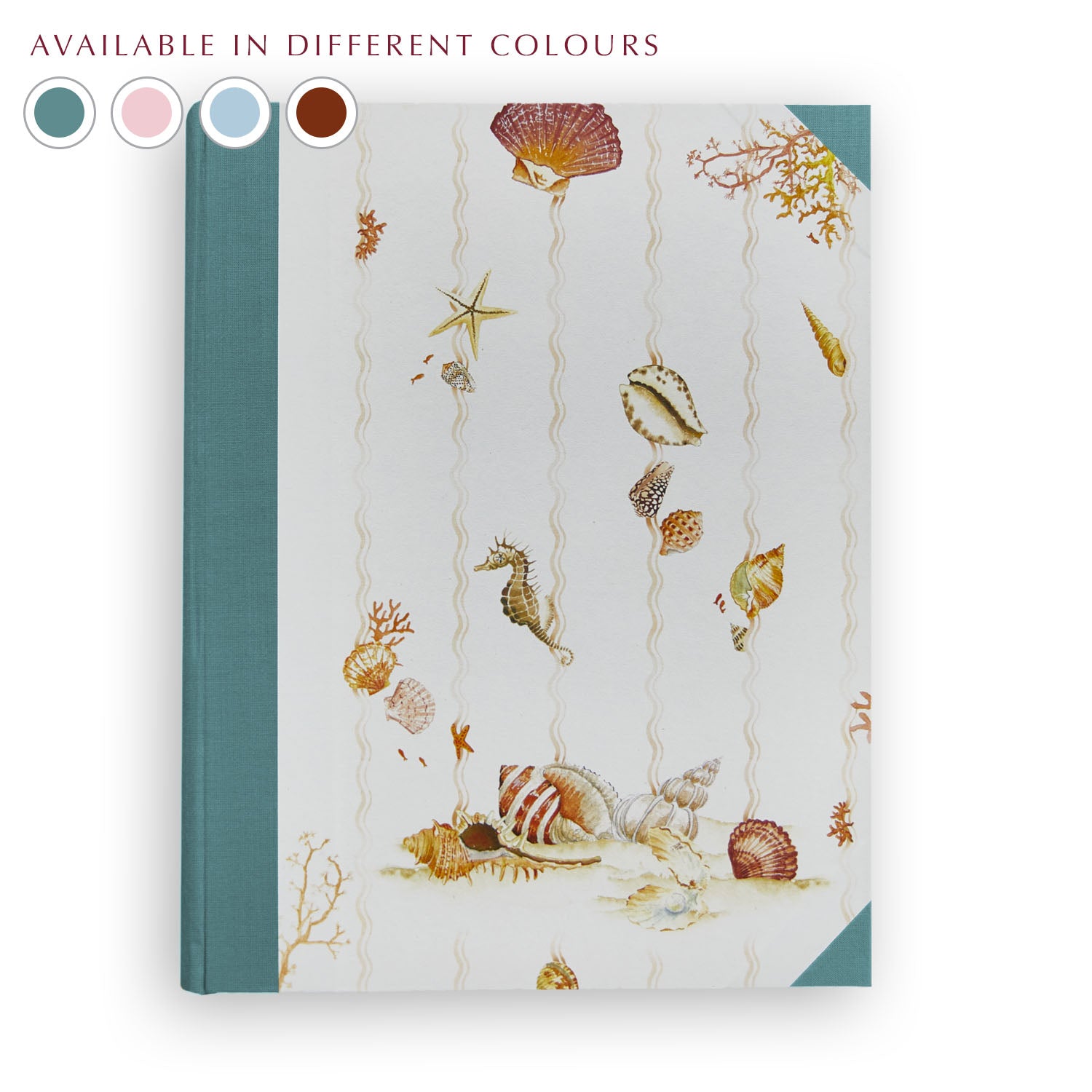 Shells on Shells Photo Album cover with turquoise binding, hand-painted seashell and seahorse design, personalised family or holiday photo album handmade in Italy.
