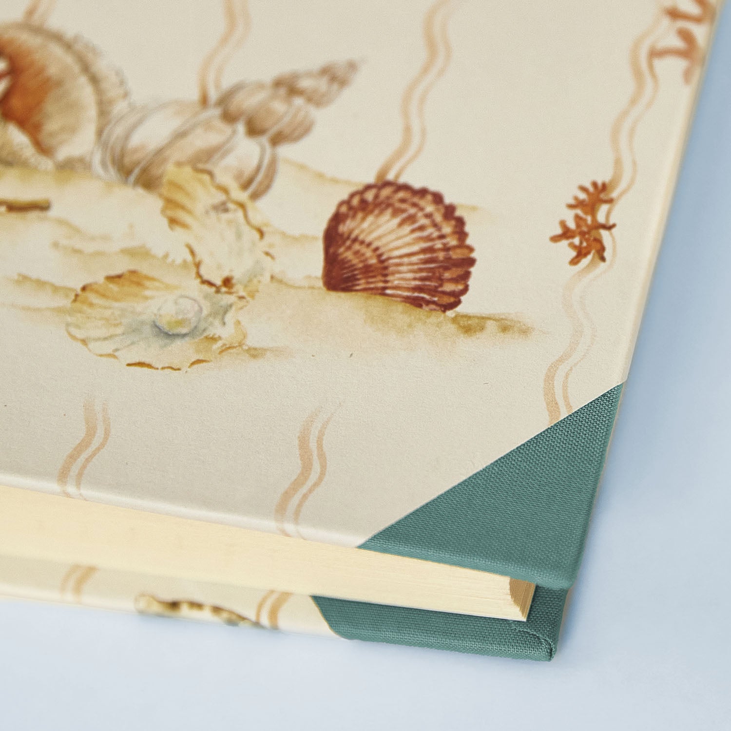 Detail of Shells on Shells memory book corner with turquoise binding, seashell illustration, personalised wedding photo album option.