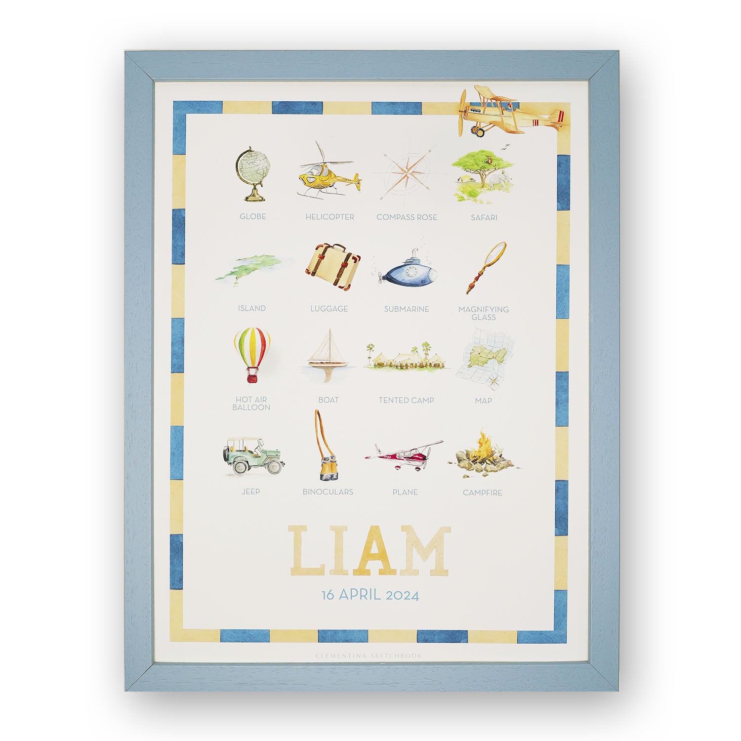 Close-up of a watercolour print displaying items such as a magnifying glass and submarine, an artwork for a child's room.
