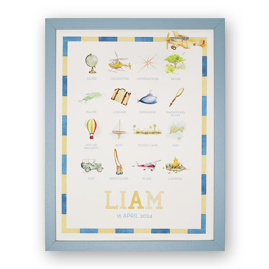 Close-up of a watercolour print displaying items such as a magnifying glass and submarine, an artwork for a child's room.