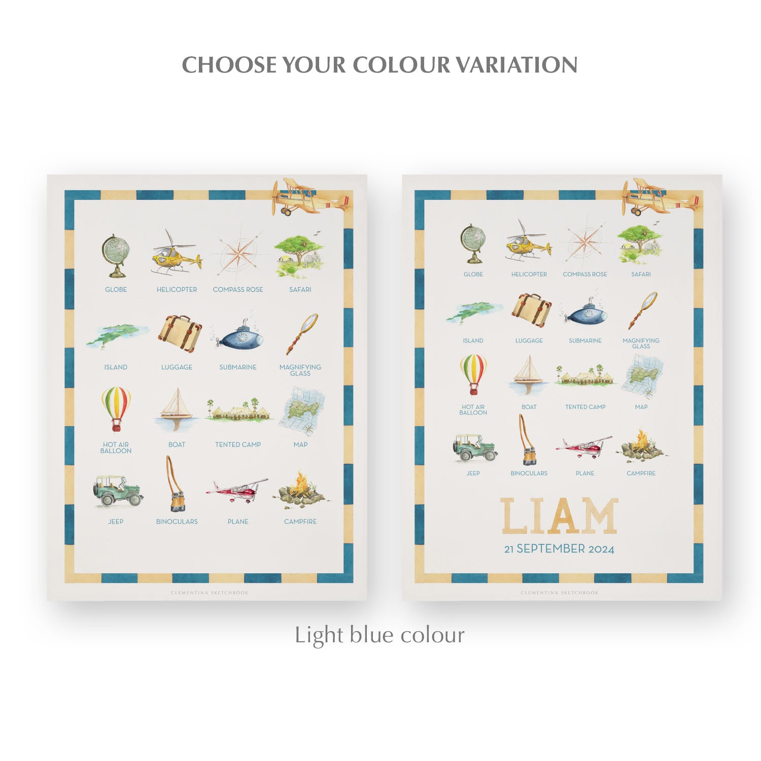 Image of the two watercolour designs in blue side-by-side, one blank at the bottom, the other with a personalised name and date in yellow.