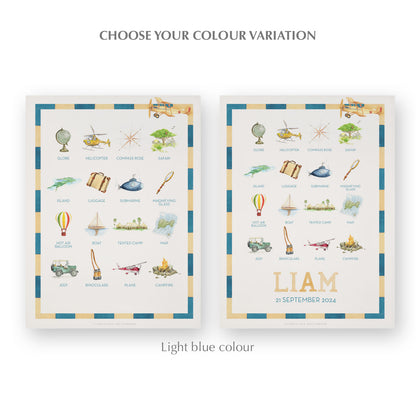 Image of the two watercolour designs in blue side-by-side, one blank at the bottom, the other with a personalised name and date in yellow.