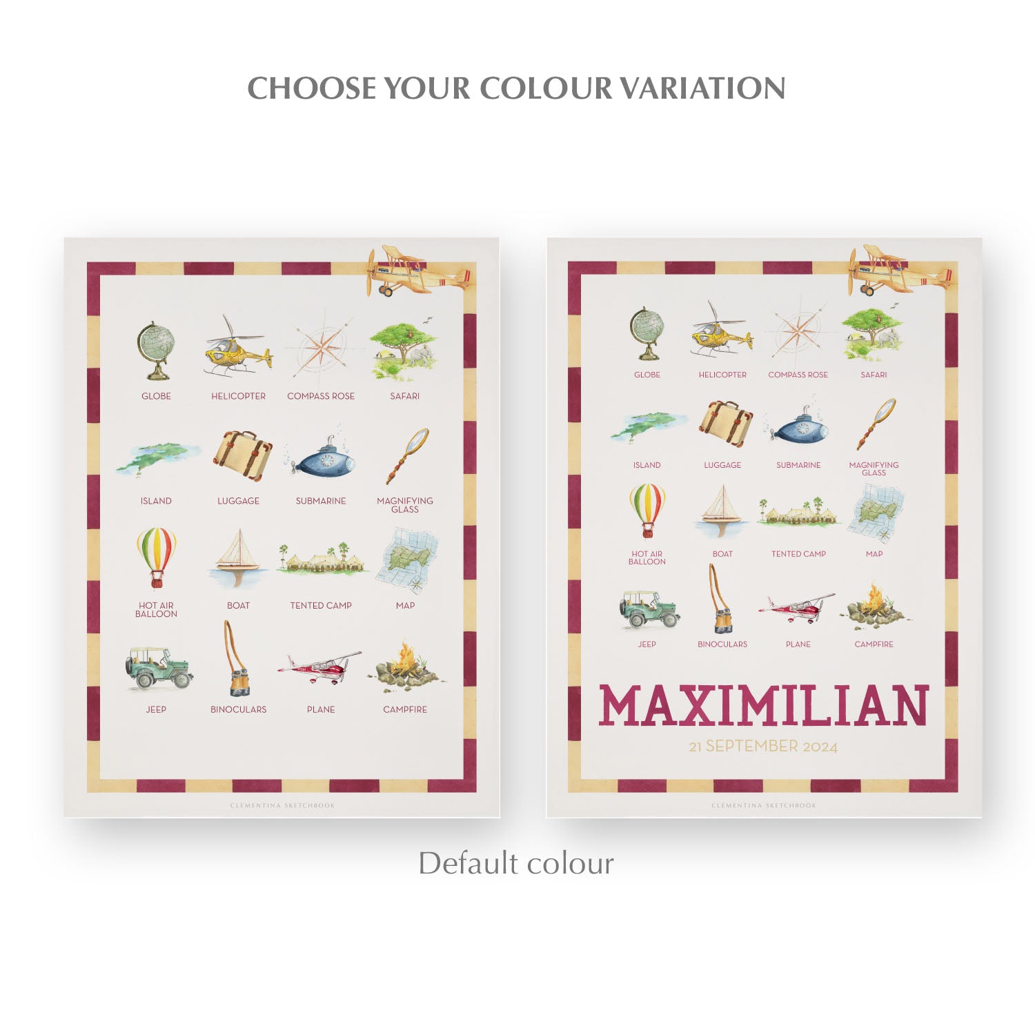 Image of the two watercolour designs in burgundy side-by-side, one blank at the bottom, the other with a personalised name and date in burgundy.