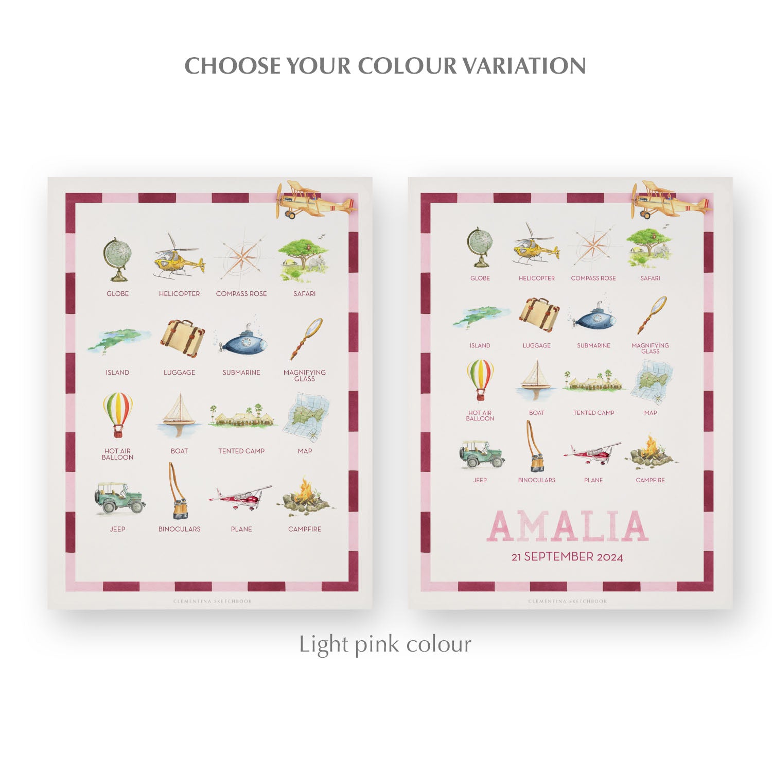 Image of the two watercolour designs side-by-side in pink, one blank at the bottom, the other with a personalised name and date in pink.