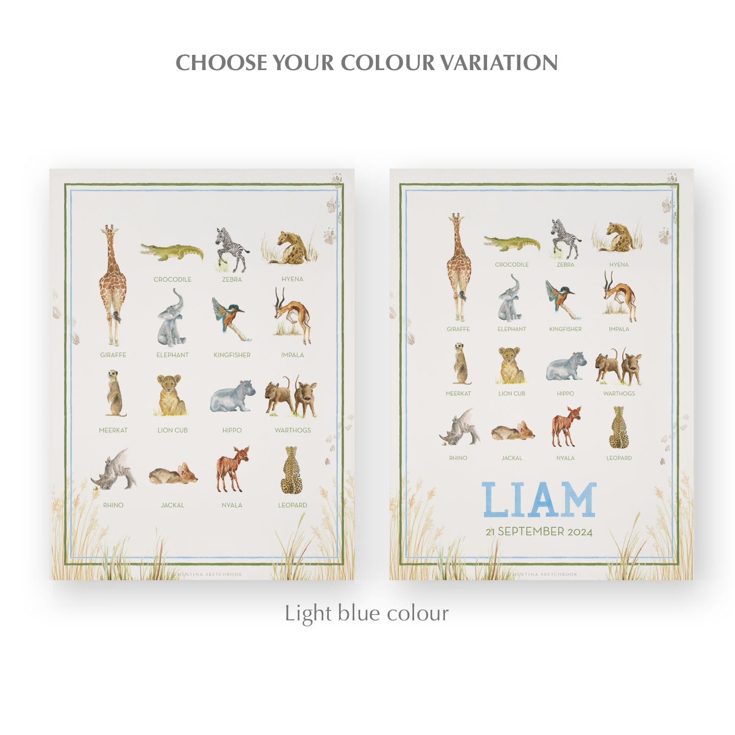 Image of the two watercolour designs side-by-side, one blank at the bottom, the other with a personalised name and date in blue. 