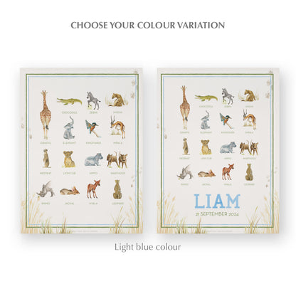 Image of the two watercolour designs side-by-side, one blank at the bottom, the other with a personalised name and date in blue. 