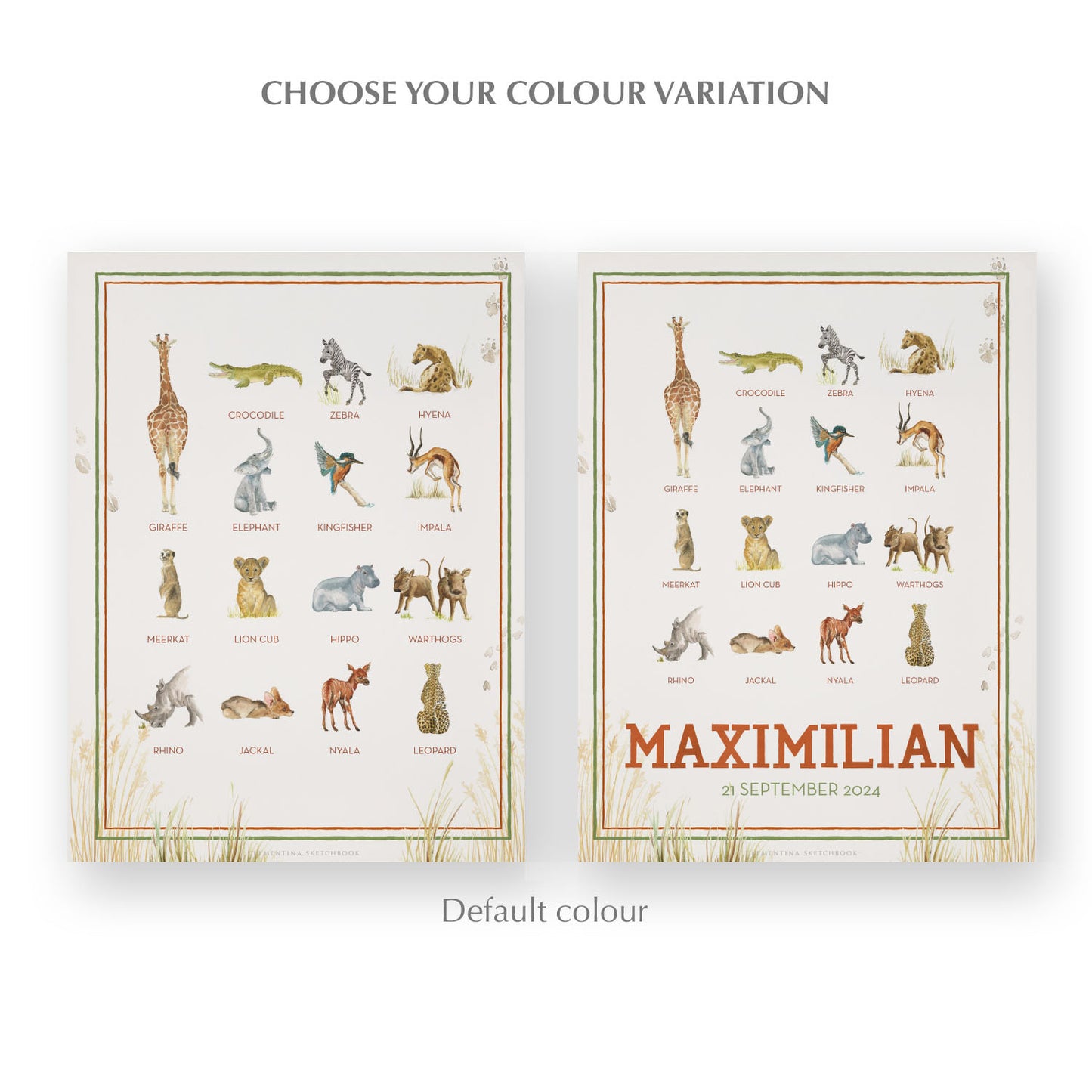 Image of the two watercolour designs side-by-side, one blank at the bottom, the other with a personalised name and date in red.