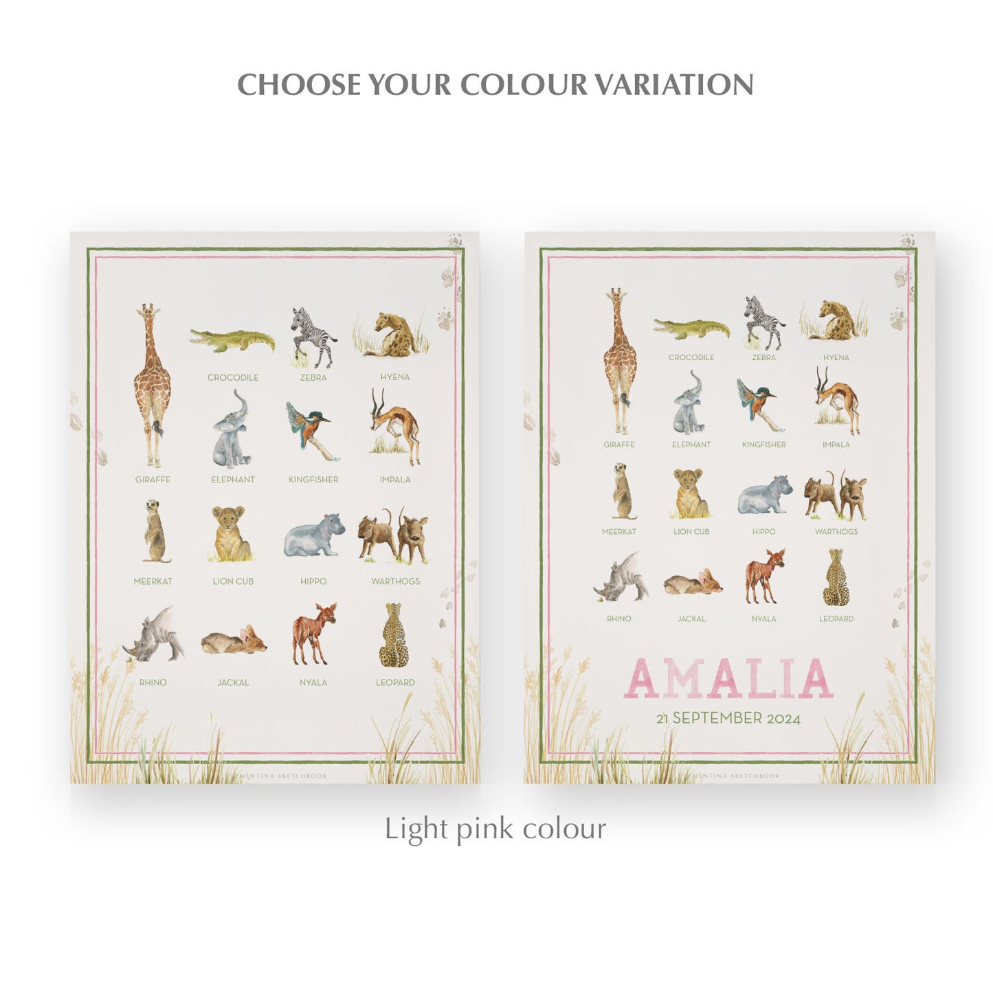 Image of the two watercolour designs side-by-side, one blank at the bottom, the other with a personalised name and date in pink.