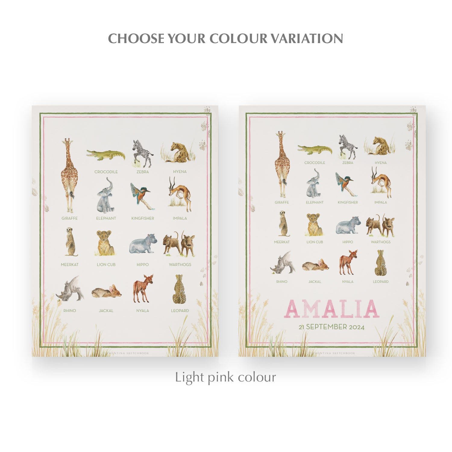 Image of the two watercolour designs side-by-side, one blank at the bottom, the other with a personalised name and date in pink.