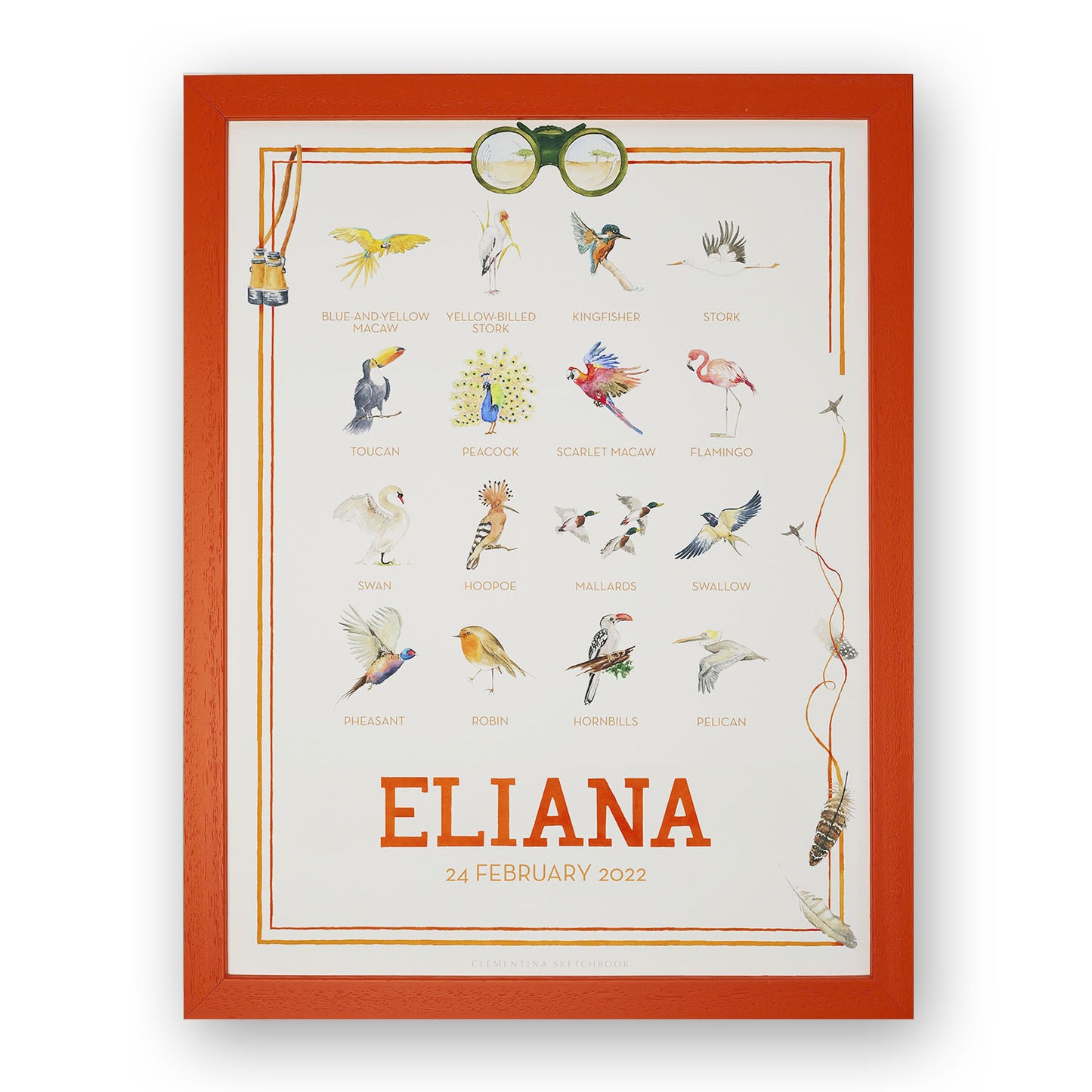 Close-up of a watercolour print of countryside birds lined up in a row, an artwork for a child's room.