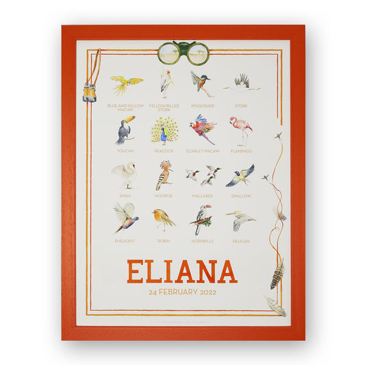 Close-up of a watercolour print of countryside birds lined up in a row, an artwork for a child's room.