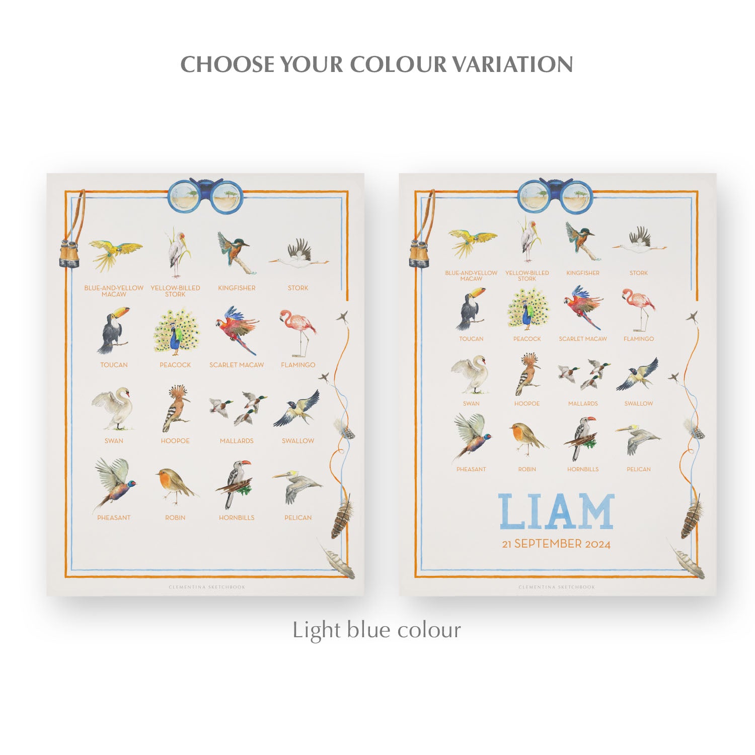 Image of the two watercolour designs side-by-side, one blank at the bottom, the other with a personalised name and date in blue.