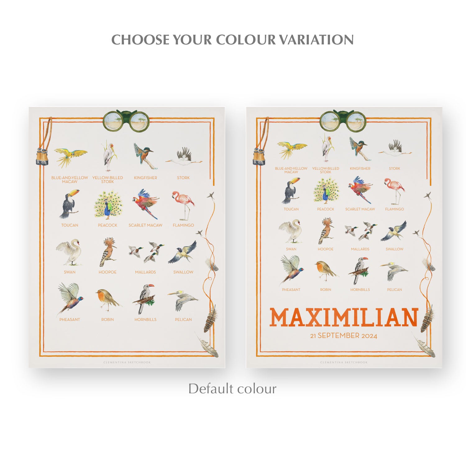 Image of the two watercolour designs side-by-side, one blank at the bottom, the other with a personalised name and date in orange.