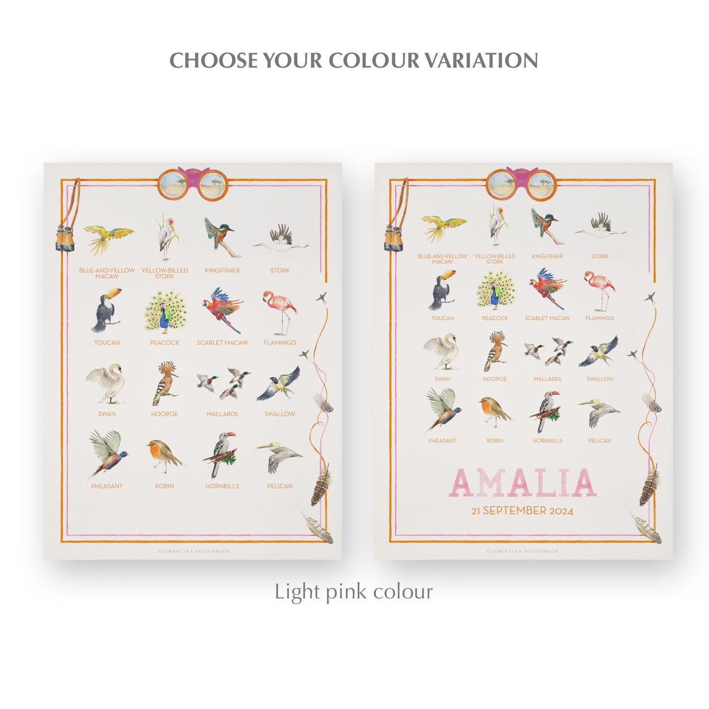 Image of the two watercolour designs side-by-side, one blank at the bottom, the other with a personalised name and date in pink.