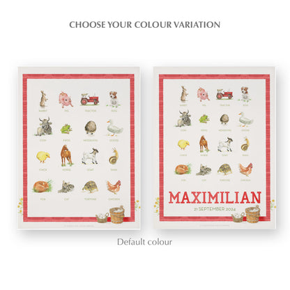 Image of two watercolour designs side-by-side, one blank at the bottom, the other with a personalised name and date in red.