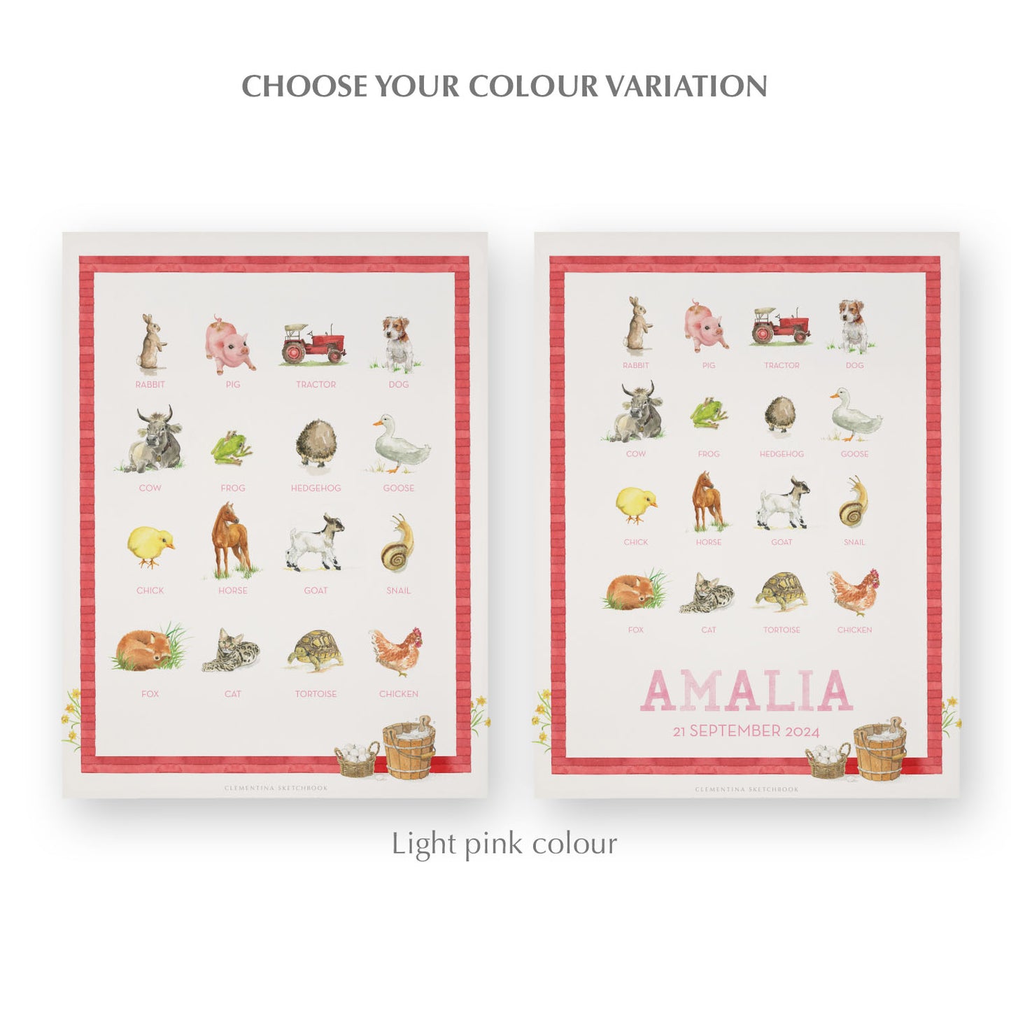 Image of two watercolour designs side-by-side, one blank at the bottom, the other with a personalised name and date in pink.