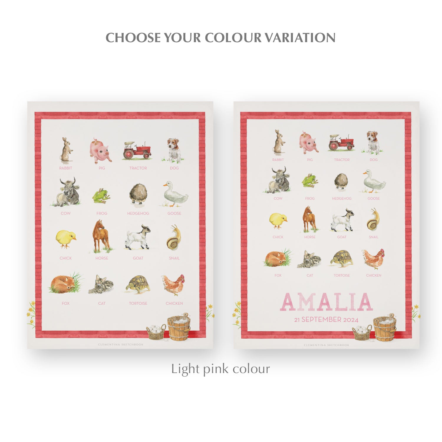 Image of two watercolour designs side-by-side, one blank at the bottom, the other with a personalised name and date in pink.