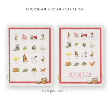 Image of two watercolour designs side-by-side, one blank at the bottom, the other with a personalised name and date in pink.