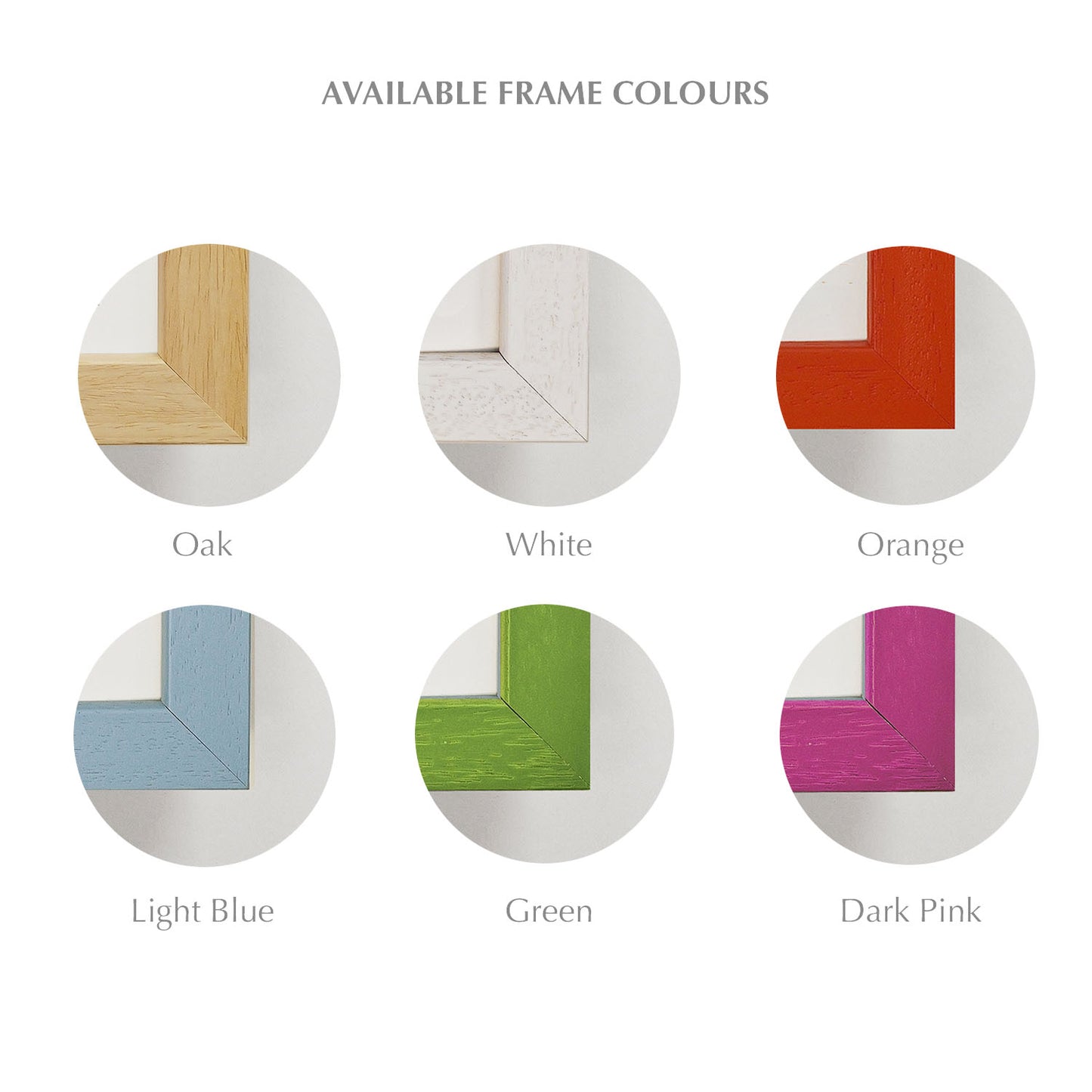 Close-up of the different frame colours available, each with a description beneath, making them the perfect art for nurseries.
