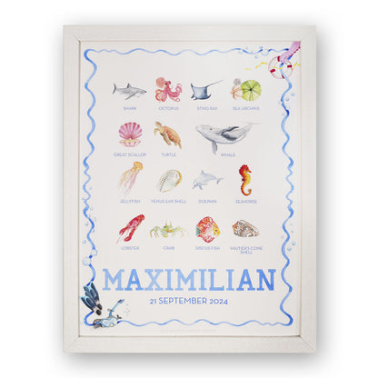Close-up of a watercolour print of ocean creatures lined up in a row, an artwork for a child's room.